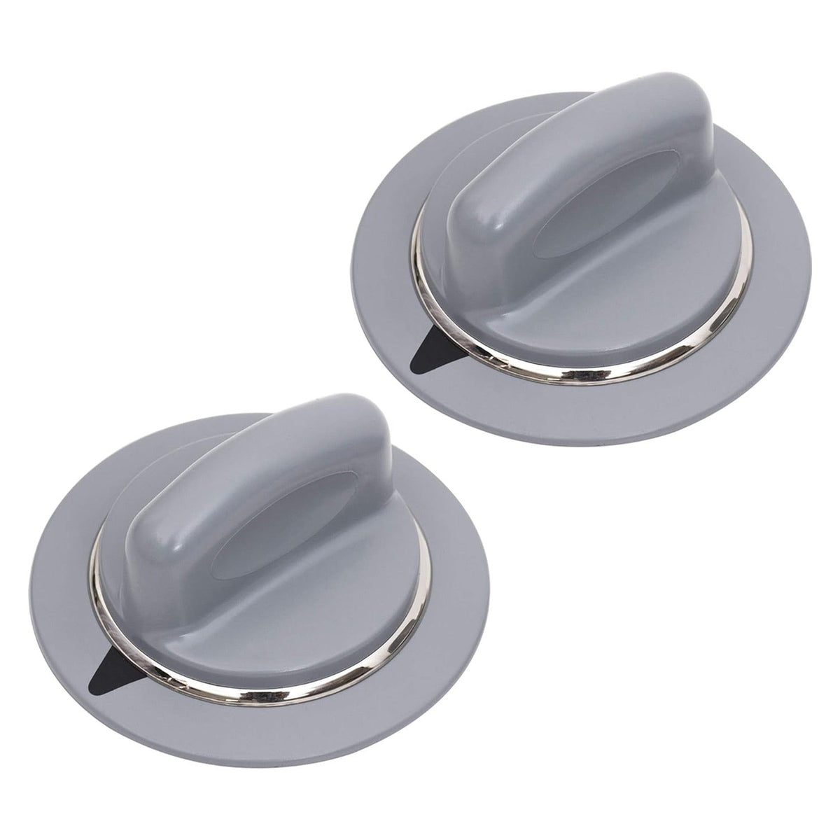 Two gray WE1M964 dryer timer control knobs with silver metal rings for GE dryers.