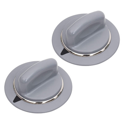 Two gray WE1M964 dryer timer control knobs with silver metal rings for GE dryers.