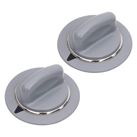 Two gray WE1M964 dryer timer control knobs with silver metal rings for GE dryers.