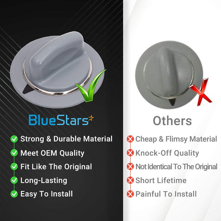 Comparison chart showing BlueStars GE dryer timer control knob with metal ring versus inferior quality alternatives.