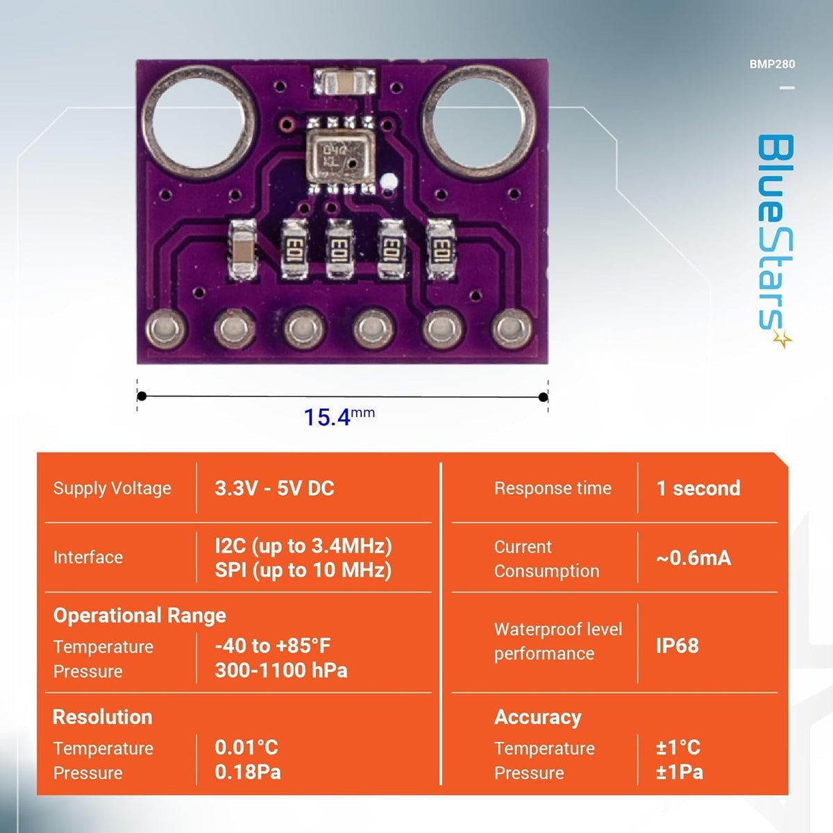 Single BME280 3.3V atmospheric pressure sensor module with technical specification chart.