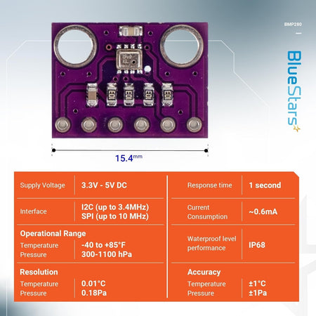 Single BME280 3.3V atmospheric pressure sensor module with technical specification chart.