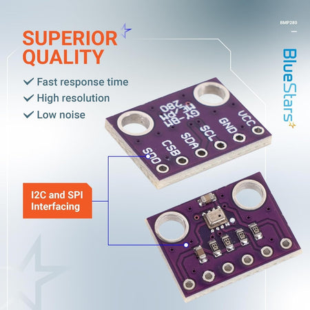 Two BME280 3.3V atmospheric pressure sensor modules showing top and bottom pin layouts with I2C and SPI interfacing.