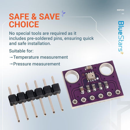 BME280 atmospheric pressure sensor module with separate header pins on a promotional background.