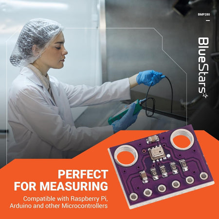 Close-up of a single purple BME280 3.3V atmospheric pressure sensor module on an orange promotional background.
