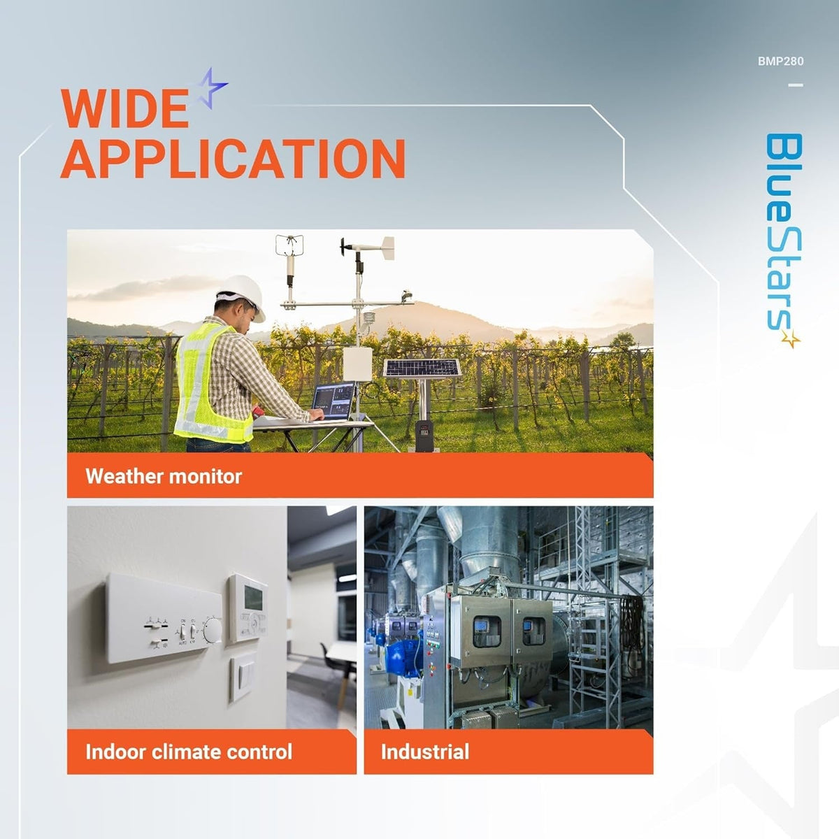 Infographic showing wide application examples for BME280 atmospheric pressure sensors in weather and industrial settings.