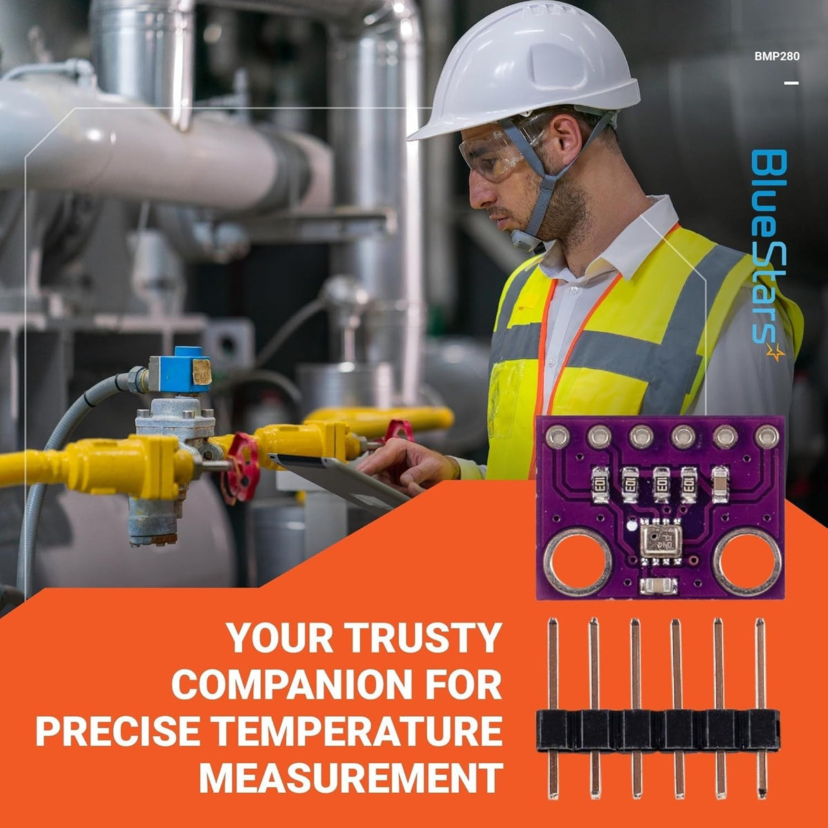 BME280 3.3V atmospheric pressure sensor module with header pins shown in a promotional lifestyle graphic.