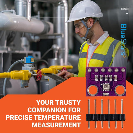 BME280 3.3V atmospheric pressure sensor module with header pins shown in a promotional lifestyle graphic.