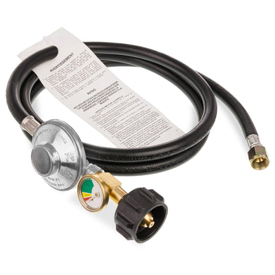 6-foot propane hose with low-pressure regulator, gas level gauge, and safety instruction tag attached.