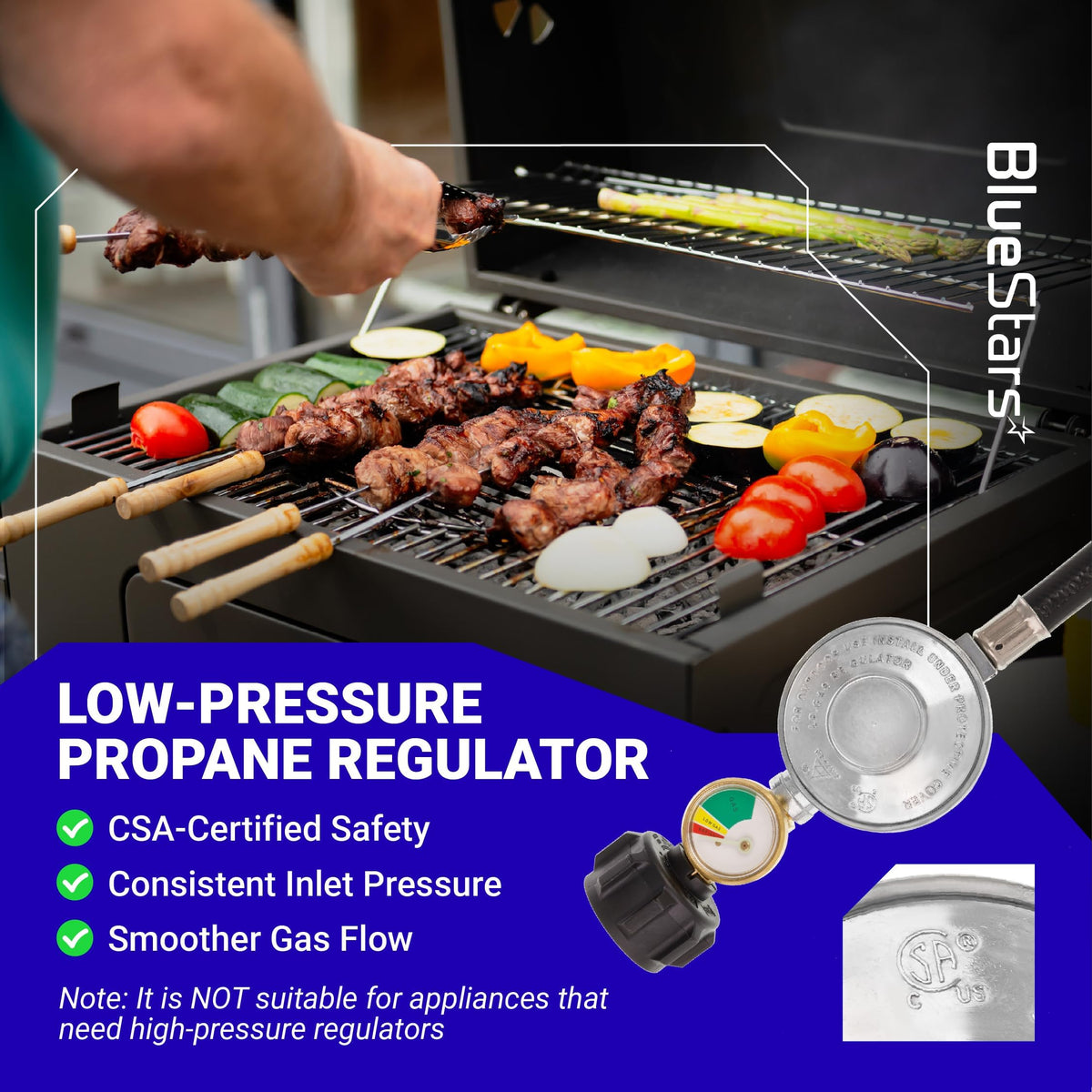 Low-pressure propane regulator with gauge and hose shown in a lifestyle graphic for gas grills.