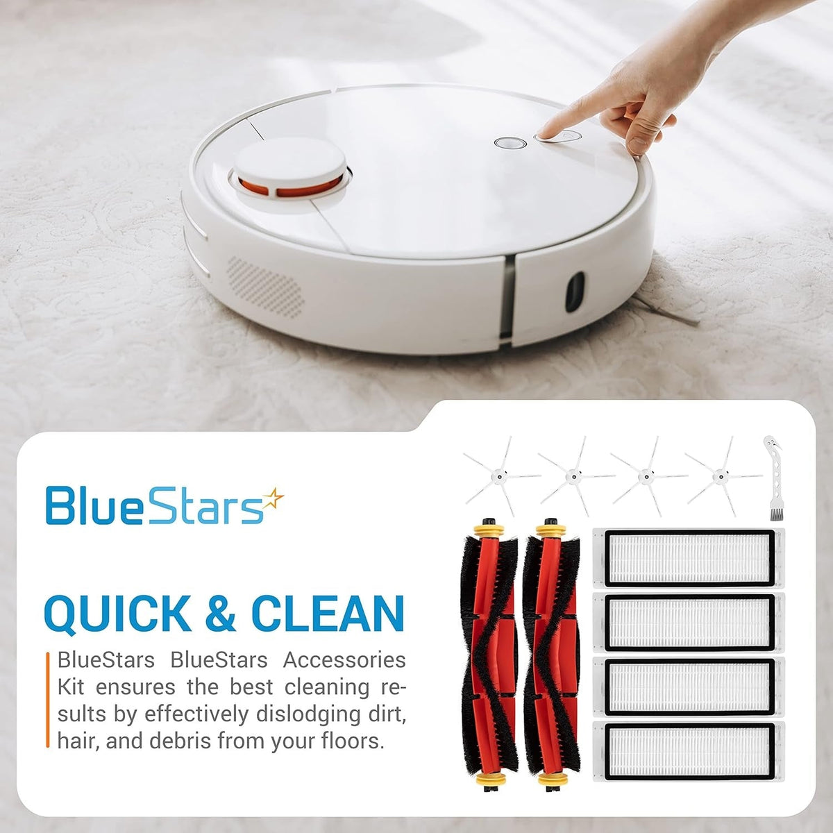 BlueStars accessories kit with main brushes, side brushes, and HEPA filters for Roborock and Xiaomi robot vacuums.