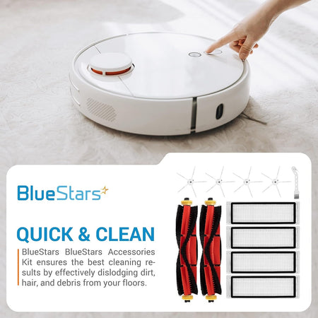 BlueStars accessories kit with main brushes, side brushes, and HEPA filters for Roborock and Xiaomi robot vacuums.