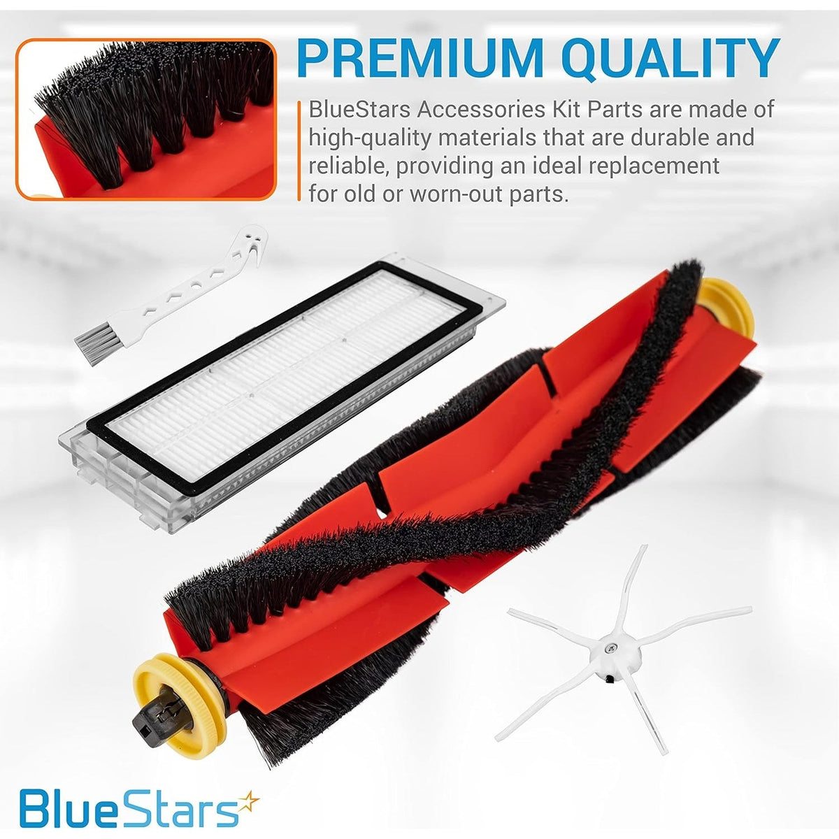 BlueStars replacement main brush, HEPA filter, side brush, and cleaning tool for Roborock and Xiaomi robot vacuums.