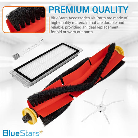 BlueStars replacement main brush, HEPA filter, side brush, and cleaning tool for Roborock and Xiaomi robot vacuums.