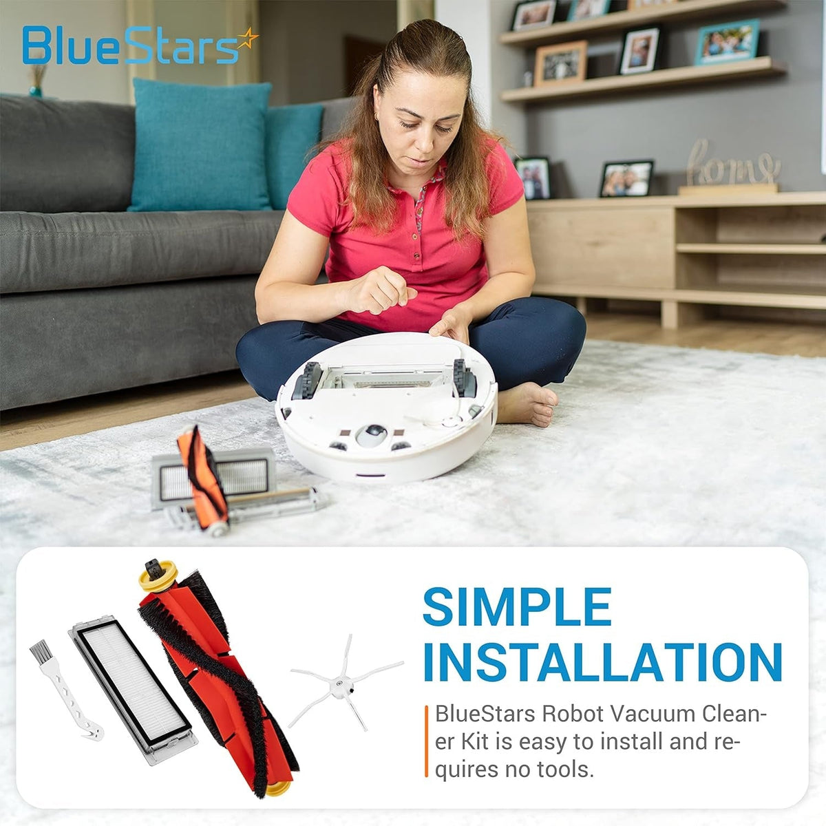 Woman installing replacement parts into a Roborock robot vacuum cleaner with kit components shown for easy installation.