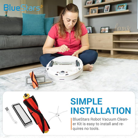 Woman installing replacement parts into a Roborock robot vacuum cleaner with kit components shown for easy installation.