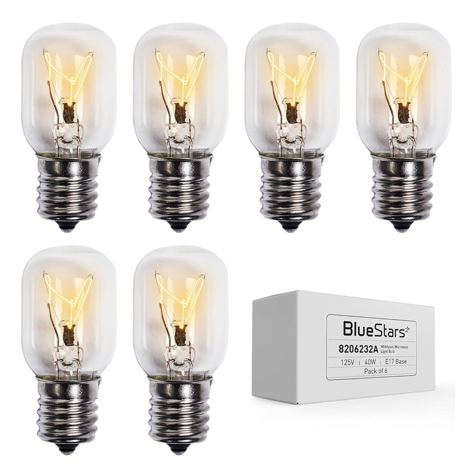 Set of six 125V 40W E17 base Whirlpool microwave light bulbs with product packaging box.