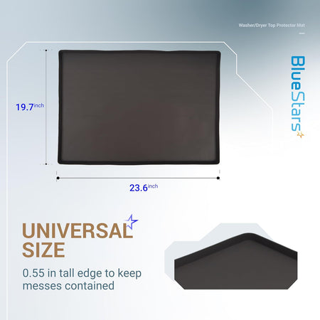 23.6 x 19.7 inch silicone washer and dryer top mat with dimensions and raised edge detail.