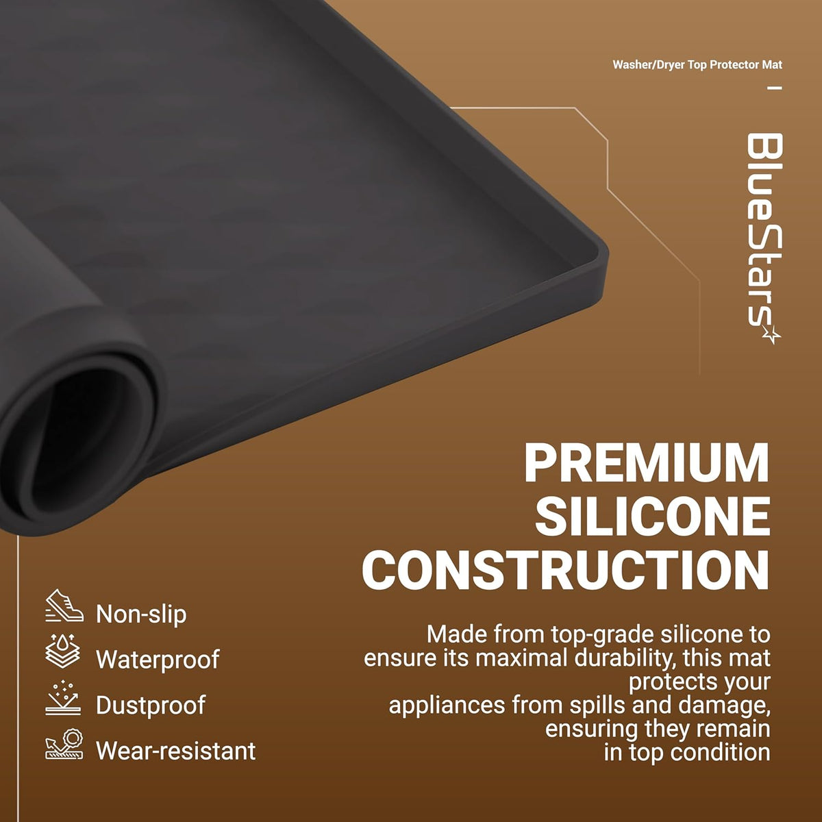 Close-up of a black silicone washer and dryer top protector mat showing its non-slip, waterproof surface texture.