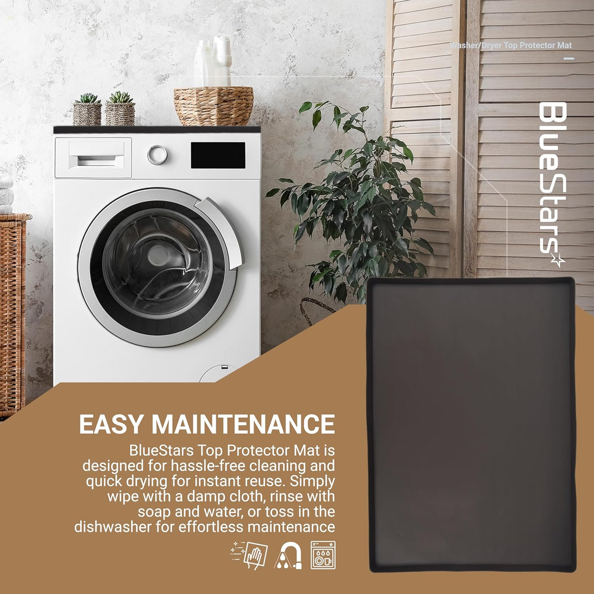 Black silicone washer and dryer top protector mat shown in a lifestyle setting with easy maintenance text overlay.