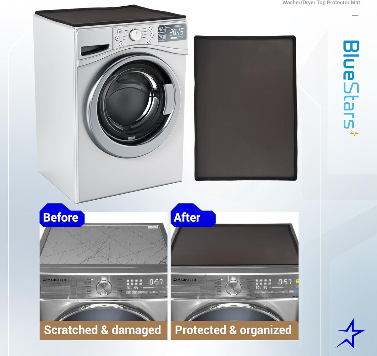 Before and after comparison of a silicone washer and dryer top protector mat on a front load machine.