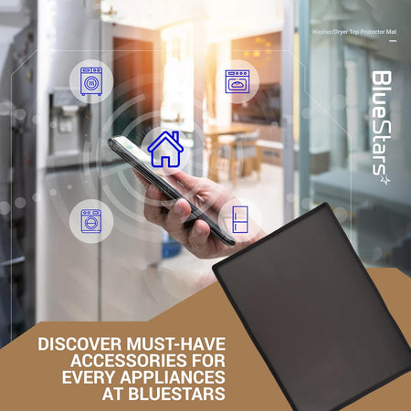 BlueStars promotional graphic featuring a silicone washer and dryer top protector mat.