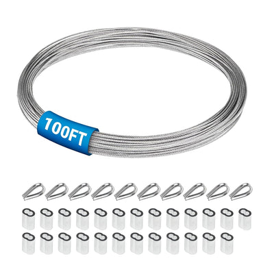 100ft coil of 1/16 inch wire rope with 25 aluminum crimping sleeves and 10 metal thimbles for railing and trellis.