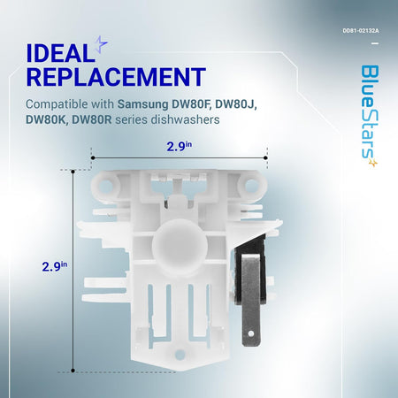 Samsung dishwasher door latch replacement part DD81-02132A with 2.9-inch dimension labels.