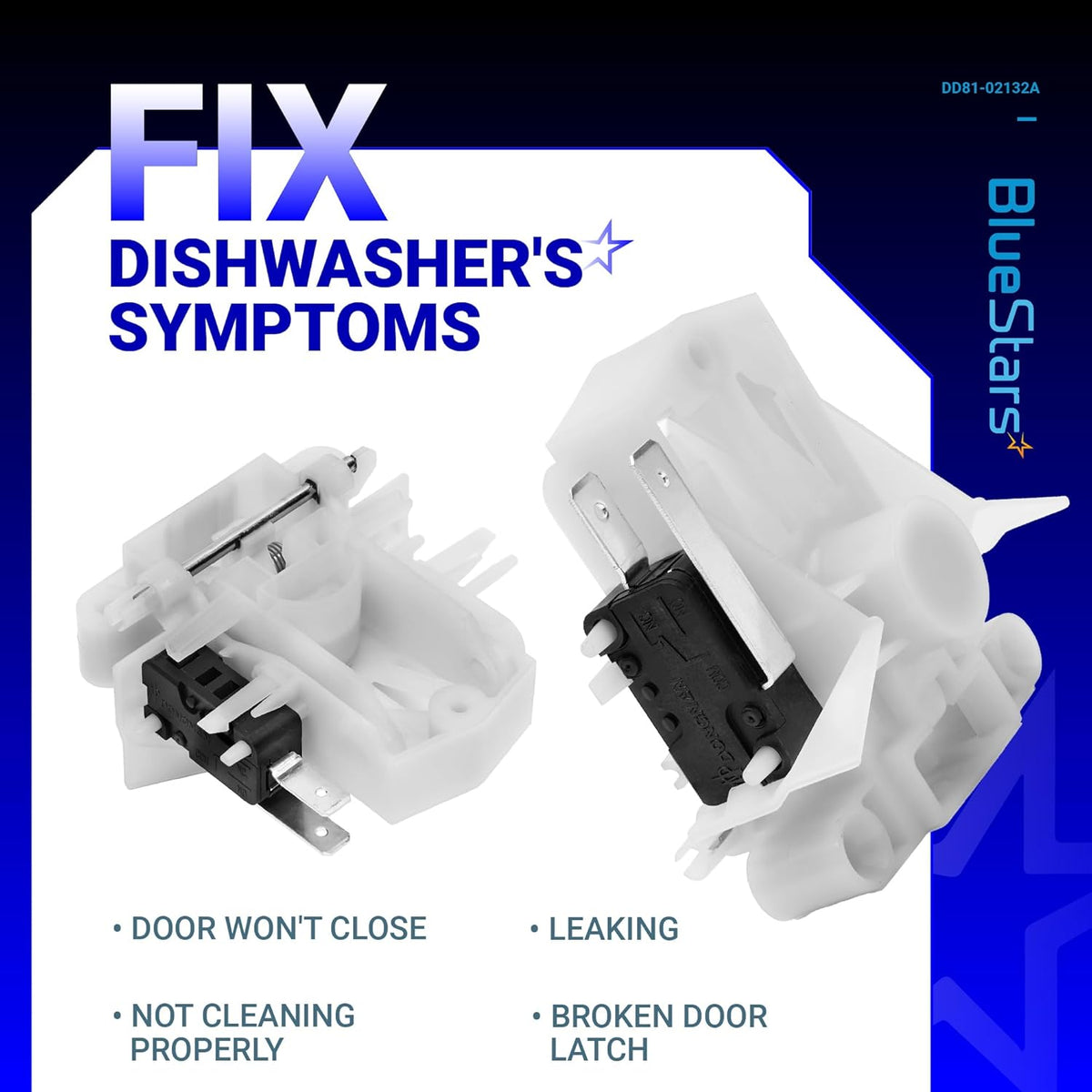Replacement dishwasher door latch assembly DD81-02132A for Samsung dishwashers, showing two views of the white latch.
