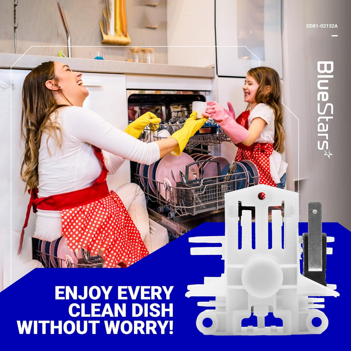 DD81-02132A dishwasher door latch replacement part for Samsung dishwashers shown in lifestyle graphic.
