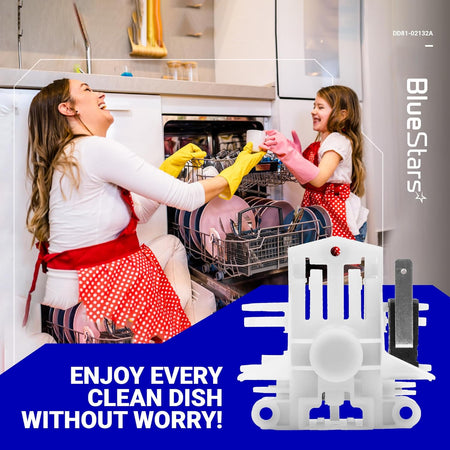 DD81-02132A dishwasher door latch replacement part for Samsung dishwashers shown in lifestyle graphic.