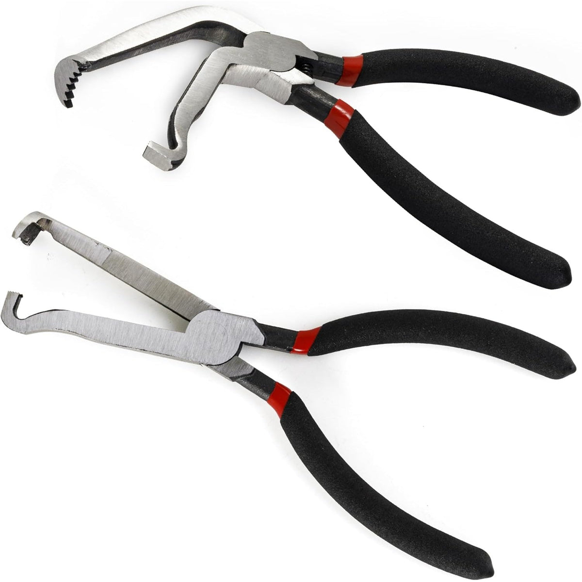 Two electrical disconnect pliers with black rubberized handles and angled jaws for automotive connector removal.