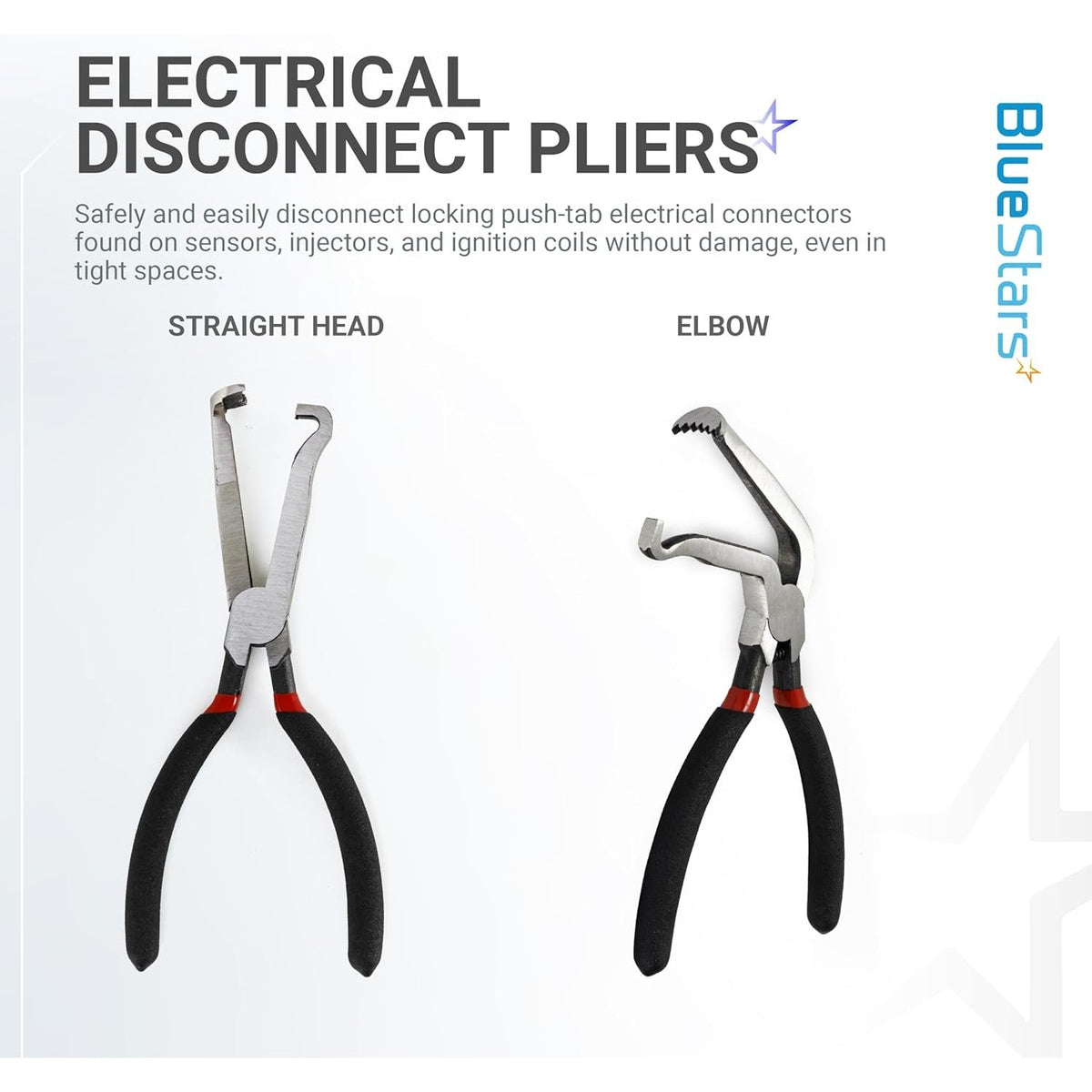 Electrical disconnect pliers set with straight head and elbow pliers for push-tab electrical connectors.