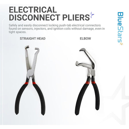 Electrical disconnect pliers set with straight head and elbow pliers for push-tab electrical connectors.
