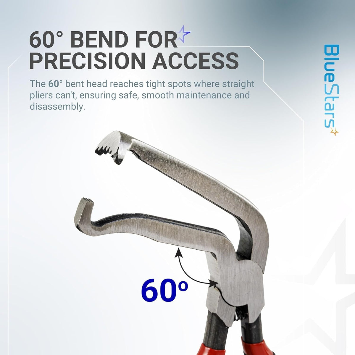 Close-up of electrical disconnect pliers featuring a 60-degree bent head for precision access in tight spaces.