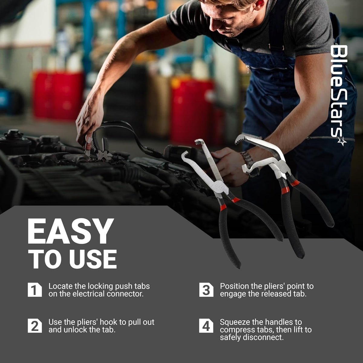 Instructional graphic showing how to use electrical disconnect pliers to release automotive connector tabs.