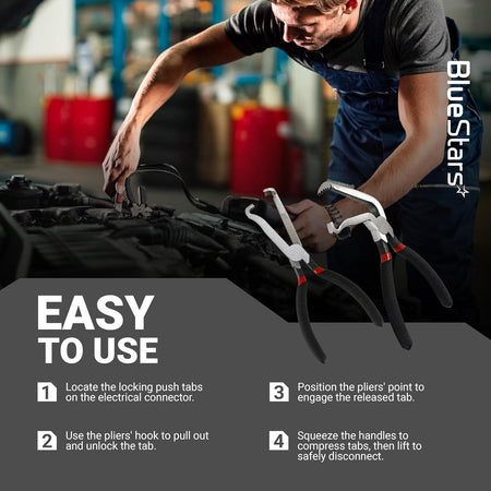 Instructional graphic showing how to use electrical disconnect pliers to release automotive connector tabs.
