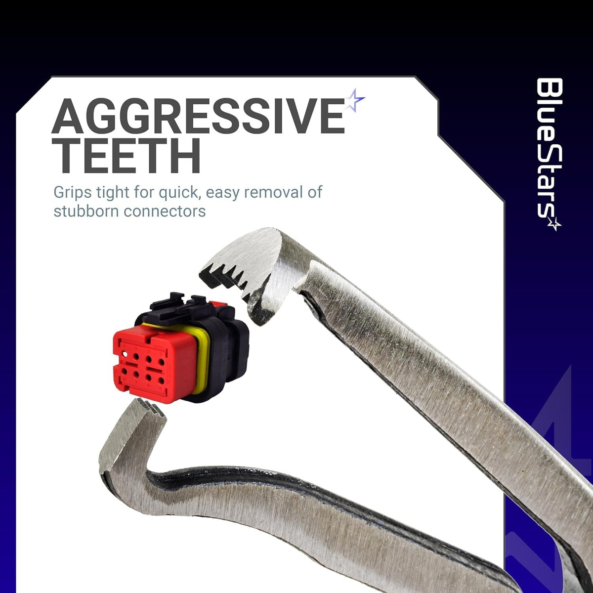 Close-up of electrical disconnect pliers with aggressive teeth gripping a stubborn connector.