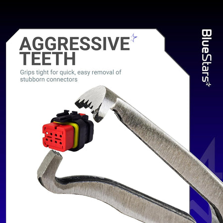 Close-up of electrical disconnect pliers with aggressive teeth gripping a stubborn connector.