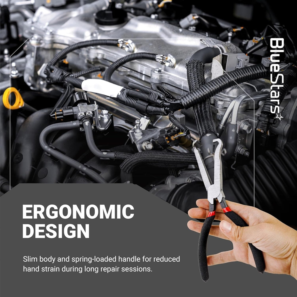 Hand holding electrical disconnect pliers to release a vehicle engine wire harness connector.