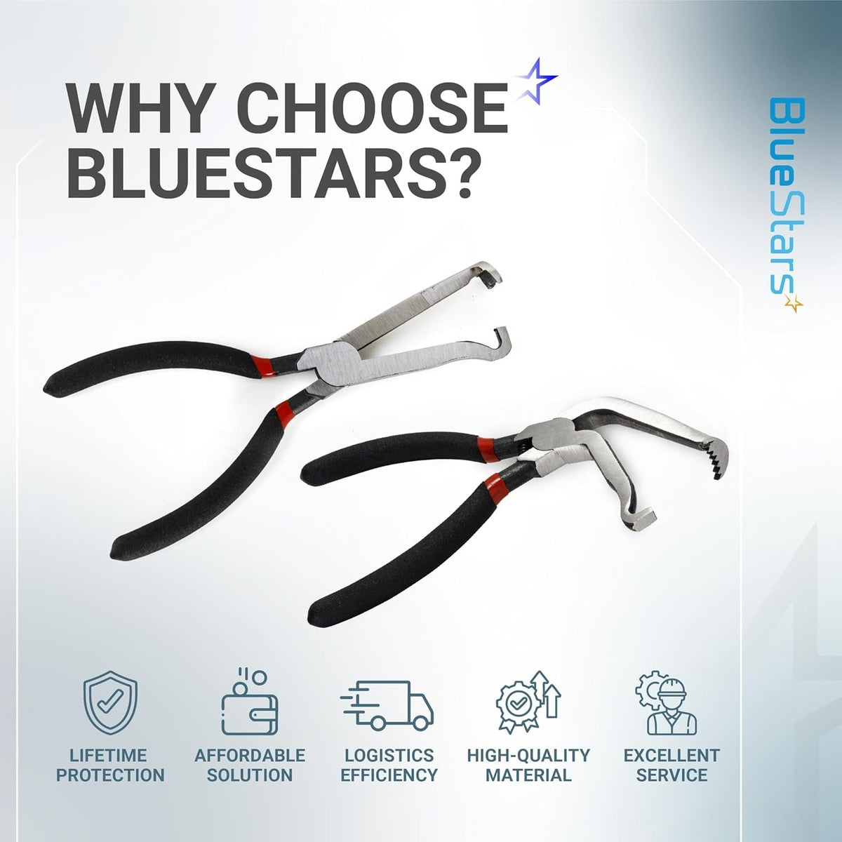 BlueStars electrical disconnect pliers set 37980 and 37960 with black handles on a promotional background.
