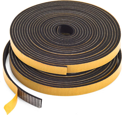 Coiled roll of black adhesive foam weatherstripping tape for doors and windows.