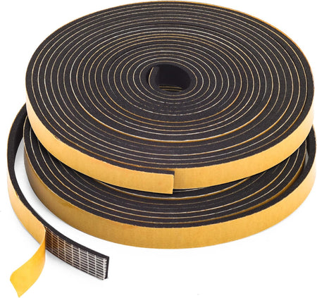 Coiled roll of black adhesive foam weatherstripping tape for doors and windows.