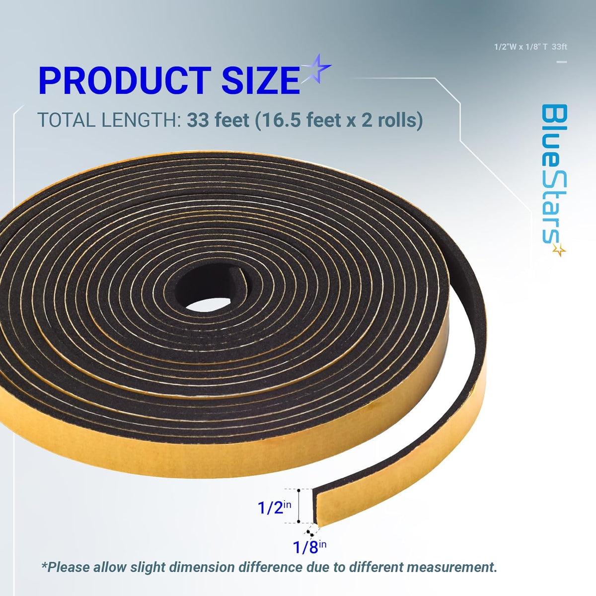Adhesive foam weather stripping tape roll showing 1/2 inch width and 1/8 inch thickness dimensions.