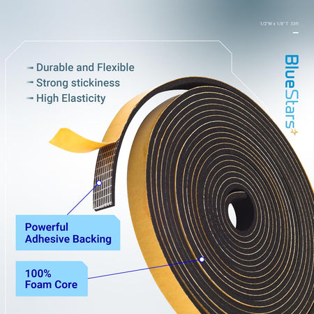 Roll of adhesive foam weatherstripping tape with a peel-off backing and foam core, 1/2 inch wide by 1/8 inch thick.