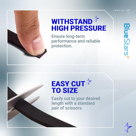 Infographic showing finger pressing adhesive foam tape and scissors cutting foam tape to size.