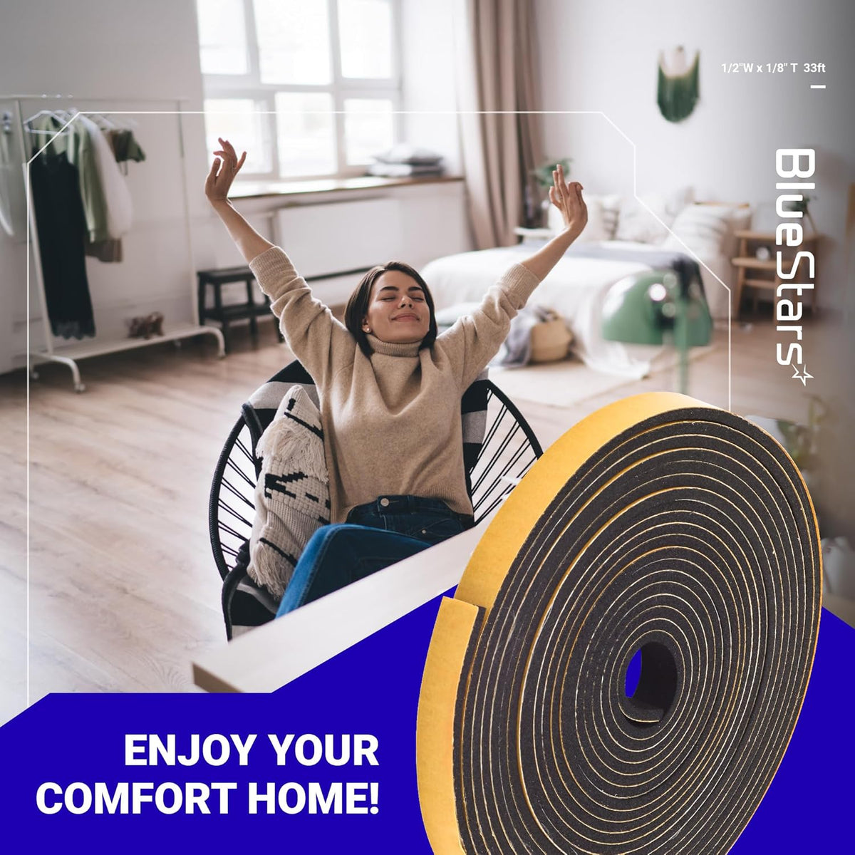 Roll of adhesive foam weatherstripping tape for doors and windows in a comfortable home setting.
