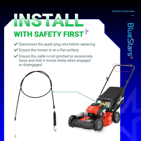 Installation guide for 532435110 clutch cable showing proper placement on a lawn mower.
