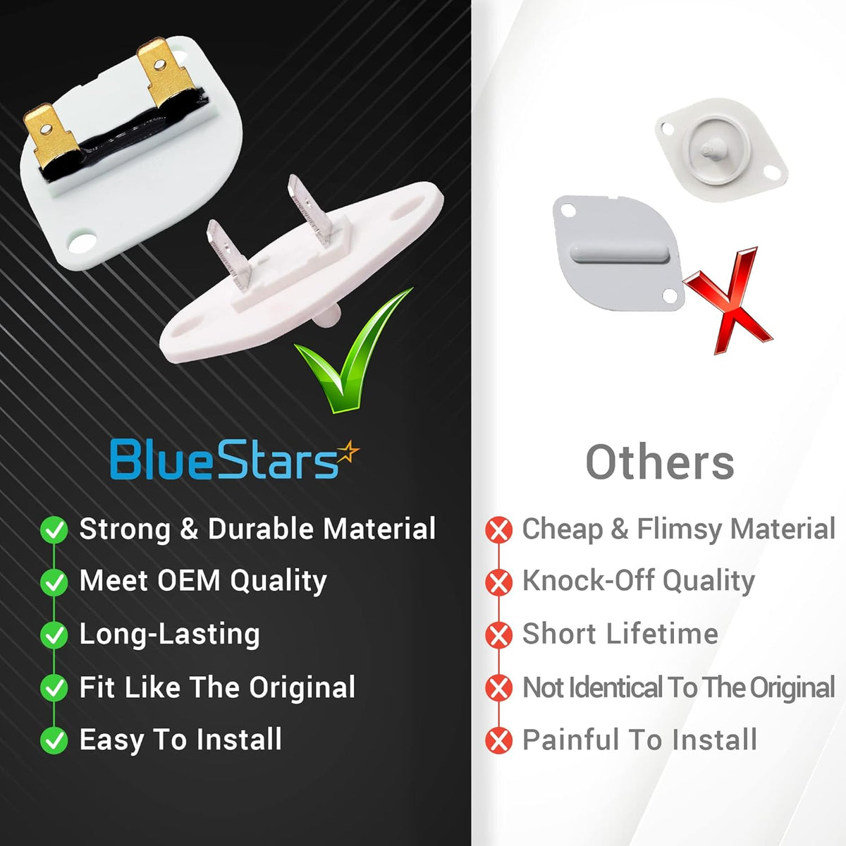 Comparison graphic showing BlueStars thermal fuse and thermistor for Whirlpool, Kenmore, and Maytag dryers.