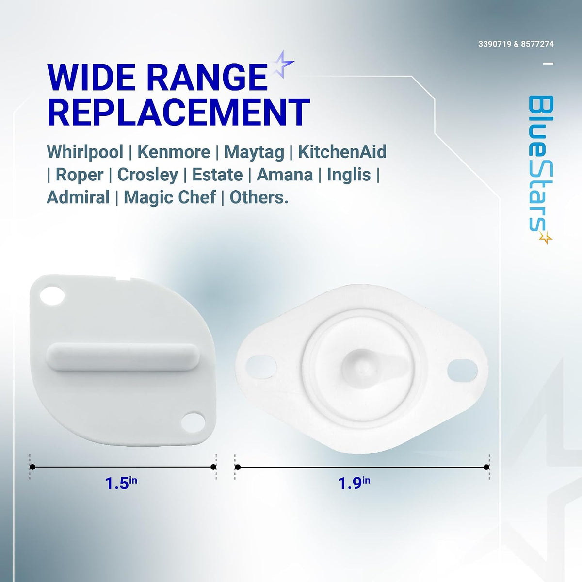 3390719 Thermal Fuse and 8577274 Thermistor, side-by-side with 1.5-inch and 1.9-inch dimensions